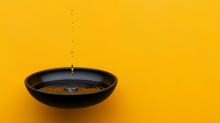 Water droplets gently descend into a smooth black bowl, creating ripples on the surface. The vibrant yellow background enhances the calming scene, illustrating a moment of tranquility.の素材