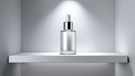 A clear glass bottle with a dropper sits on a clean, white shelf under focused lighting. The design is sleek and modern, highlighting the simplicity of the product.の素材
