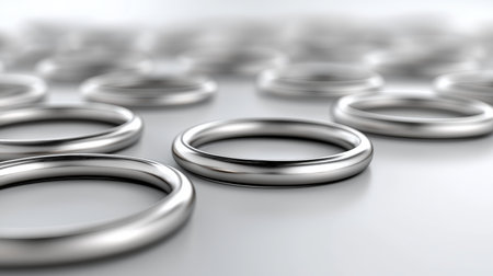 A variety of silver rings are scattered across a glossy surface, highlighting their smooth texture and reflective quality. The scene captures a sense of elegance and simplicity.の素材