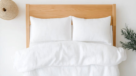 A neatly made bed features crisp white linens and plush pillows, inviting relaxation. The wooden headboard emphasizes a simple, modern aesthetic in a serene bedroom environment.の素材