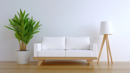 Stylish living room features a minimalistic white couch paired with a light wooden frame. A tall green plant and a wooden tripod lamp complete the serene atmosphere of the space.の素材