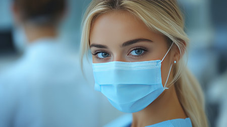A health professional wearing a light blue mask looks directly at the camera with a focused expression. The blurred background suggests a clinical setting, indicating a medical context.の素材