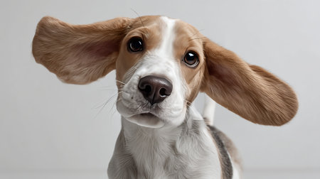 A playful beagle puppy with oversized ears gazes curiously at the viewer. The puppy's adorable face and expressive eyes convey a friendly and inviting demeanor in a simple indoor setting.の素材