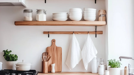 Bright kitchen features wooden shelves displaying white plates and jars filled with ingredients. Fresh herbs add a touch of greenery, creating a tidy and inviting atmosphere during the day.の素材