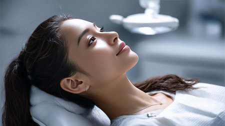 A young woman is reclining in a dental chair, looking calm and focused. The modern dental clinic features bright lighting and clean design, creating a comfortable atmosphere.の素材