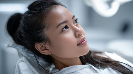 A young woman is reclining in a dental chair, looking calm and focused. The modern dental clinic features bright lighting and clean design, creating a comfortable atmosphere.の素材