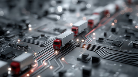 A fleet of trucks traverses a complex circuit board design illuminated by glowing lines. The scene captures the blend of technology and transportation in a modern setting.の素材