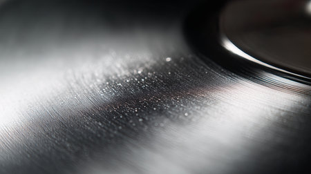 A close-up view reveals deep scratches on the surface of a vinyl record, indicating wear and potential disruption in sound quality during playback.の素材