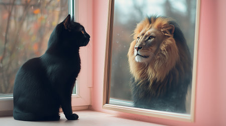 A curious black cat sits by a window, staring intently at its reflection of a powerful lion. Soft natural light fills the room, creating a tranquil atmosphere on an overcast day.の素材