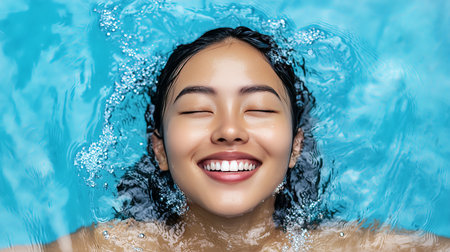 Under sunny skies, a girl floats happily in sparkling blue pool water. Her joyful expression beams as she relaxes, surrounded by gentle ripples and bubbles.の素材