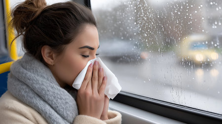 A young woman sits on a bus, holding a tissue to her nose as she appears to be feeling ill. Rain trickles down the window, creating a somber atmosphere during her commute.の素材