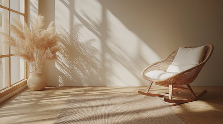 A charming room features a woven rocking chair and a large plant. Soft sunlight streams through the window, casting gentle shadows on the wooden floor, enhancing the tranquil ambiance.の素材