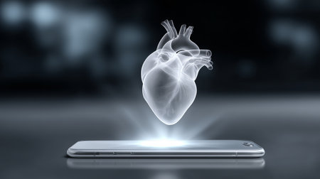 A glowing, holographic heart is projected above a sleek smartphone on a dark background. The futuristic display highlights technology's role in health and wellness.の素材