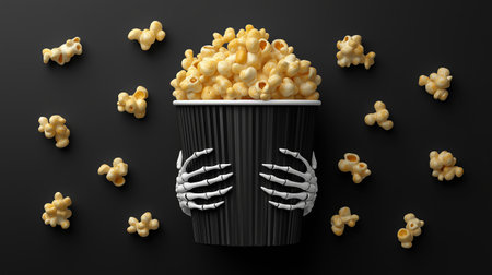 A black cup with skeleton hands holds a large serving of popcorn, surrounded by scattered popcorn pieces. This fun snack is perfect for Halloween festivities and movie nights.の素材