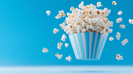 A striped container filled with freshly popped popcorn hovers mid-air against a vibrant blue background. Popcorn kernels scatter around, creating a playful atmosphere.の素材
