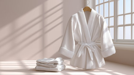 Japanese paper shoji window casting soft shadows over neatly folded white hospital gown, calm healing atmosphereの素材