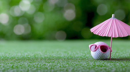A golf ball wearing pink sunglasses relaxes under a miniature pink umbrella on vibrant green grass. The bright scene captures a playful summer vibe perfect for outdoor leisure.の素材