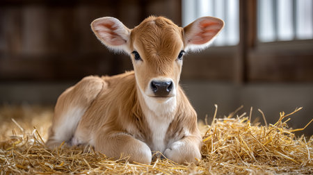 A young calf lies comfortably on a bed of straw in a barn. The warm afternoon light filters through the wooden beams, creating a peaceful and serene atmosphere around the animal.の素材