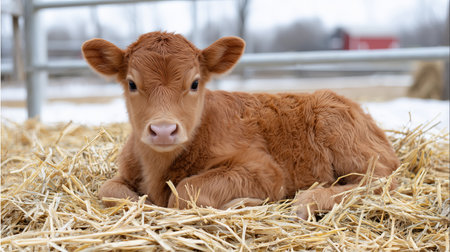 A young calf lies comfortably on a bed of straw in a barn. The warm afternoon light filters through the wooden beams, creating a peaceful and serene atmosphere around the animal.の素材