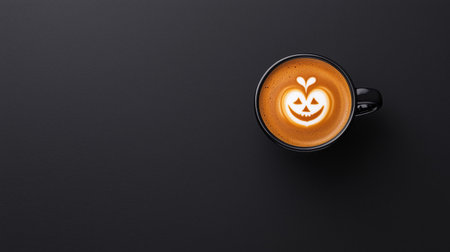 A black coffee cup sits on a dark surface, featuring intricate pumpkin artwork made from milk foam, adding a festive touch to a cozy autumn morning.の素材