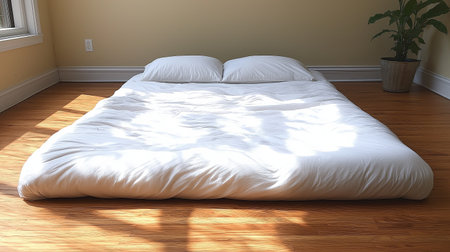A versa bed is positioned on a wooden floor, illuminated by sunlight through a window.の素材
