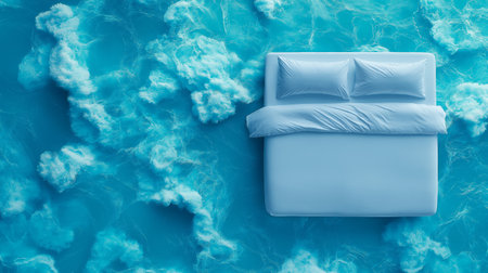 A top view of a serene blue versa bed surrounded by fluffy clouds, perfect for showcasing romantic ideas forの素材