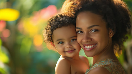 A smiling mother holds her happy child close in a vibrant garden filled with foliage and flowers. The sunlight creates a warm atmosphere, highlighting their joyful expressions together.の素材