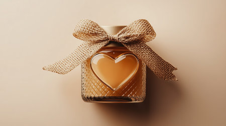 A heart-shaped glass jar filled with golden honey sits atop a neutral-toned surface. It is elegantly tied with a rustic burlap bow, adding warmth and charm to the presentation.の素材
