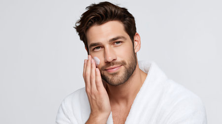 A young man in a white bathrobe applies cream to his face in a well-lit indoor setting. He has a confident smile and appears to be focused on his skincare routine.の素材