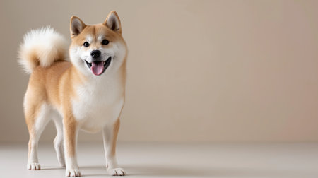 A Shiba Inu exudes charm and playfulness, standing confidently with its tail curled and mouth open in a happy smile. The softly lit indoor space enhances the dog's vibrant coat and personality.の素材