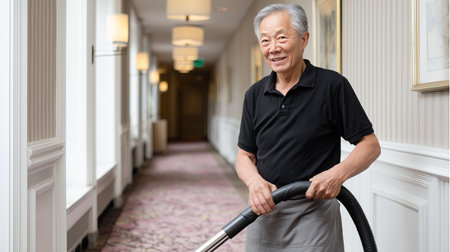 An elderly man is vacuuming the carpet in a well-decorated hotel hallway. He wears a black shirt and a gray apron while smiling, contributing to the clean and welcoming atmosphere.の素材