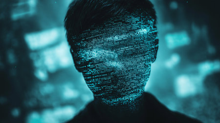 A young individual is depicted with a face composed of flowing digital text. The background features abstract patterns, creating a mysterious and high-tech atmosphere.の素材