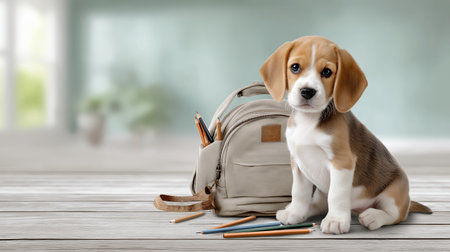 A small beagle puppy sits beside a light gray backpack, with colored pencils scattered on a wooden floor. The background is softly blurred, creating a warm and inviting atmosphere.の素材
