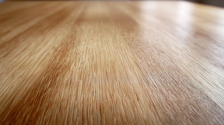 Close-up view of a wooden surface highlighting the natural grain patterns and smooth texture. The soft lighting enhances the warmth of the wood.の素材