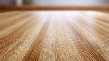 Close-up view of a wooden surface highlighting the natural grain patterns and smooth texture. The soft lighting enhances the warmth of the wood.の素材