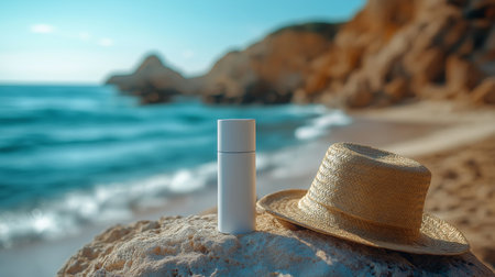 A matte white sunscreen tube, resting on a sunlit white limestone ledge. In the blurred background, turquoise waves gently kiss a secluded Greek island shore.の素材