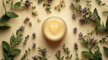 A soothing skincare balm featuring a heart shape on the surface rests at the center, surrounded by an array of fresh herbs and delicate flowers, creating a calming atmosphere.の素材