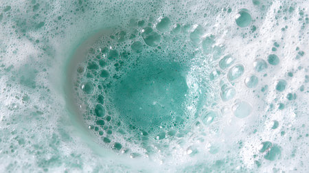 Turquoise water filled with frothy bubbles creates a soothing atmosphere, inviting relaxation. The gentle swirl of the foam enhances the calming ambiance of the bath.の素材