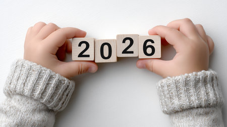A childs hands hold wooden blocks showing the number 2026. The hands are clad in a cozy gray sweater, resting on a simple white background, symbolizing future aspirations.の素材