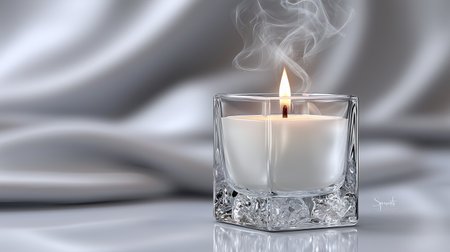 A clear glass holder cradles a burning candle, emitting a gentle flame and curling smoke. The smooth silk fabric drapes softly in the background, enhancing the calm atmosphere.の素材