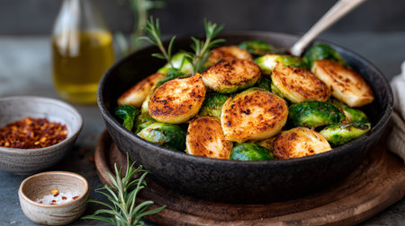 Fresh Brussels sprouts are roasted to a golden brown, garnished with herbs and served in a rustic bowl. The dish is accompanied by chili flakes and olive oil for added flavor.の素材
