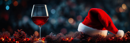 A warm and cozy Christmas scene that features a wine glass, a Santa hat, and a variety of festive decorationsの素材