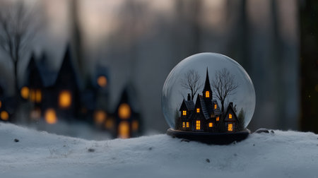 A beautiful snow globe displays a quaint winter village with glowing windows. It is twilight, and the soft snow covers the ground, enhancing the cozy scene of tiny houses.の素材