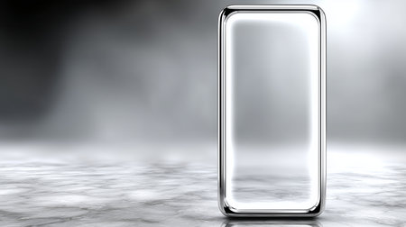 A smooth, reflective glass structure is centered on a marble surface, surrounded by a soft fog that creates a mysterious and modern atmosphere. The lighting enhances its shine.の素材