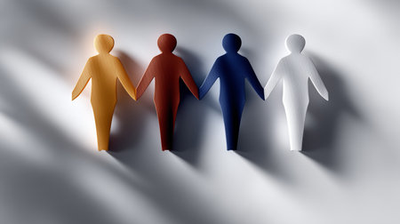 Four colorful paper figures join hands, representing unity and diversity. The figures are arranged in a row against a softly lit background, creating a visually appealing display.の素材