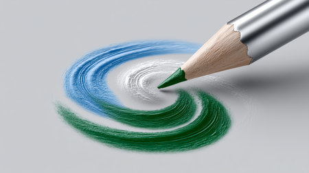 A green colored pencil is artistically creating a swirling pattern on light gray paper. The design features shades of green and blue, showcasing a blend of creativity and skill.の素材