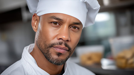 A skilled chef focuses intently while working in a vibrant kitchen. The bustling environment showcases a range of ingredients and cooking equipment, embodying culinary creativity and passion.の素材