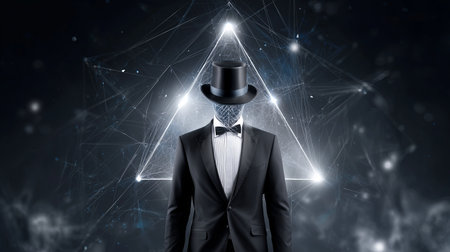 A faceless figure dressed in formal black attire and a top hat stands against a dark, geometric backdrop, giving an aura of mystery and elegance. The background features bright, radiant lines.の素材