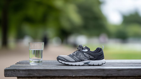 A running shoe is placed on a wooden bench next to a clear glass of water. The calm park surroundings create a relaxed atmosphere, inviting outdoor activities and hydration.の素材