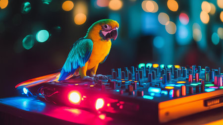 A vibrant parrot stands on a DJ mixer, showcasing bright feathers in a lively atmosphere. Colorful lights enhance the festive mood while music fills the air during a lively event.の素材